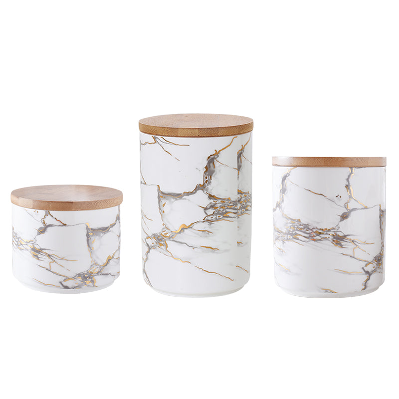 Marble Ceramic Storage Jar with Wooden Lid – Airtight Premium