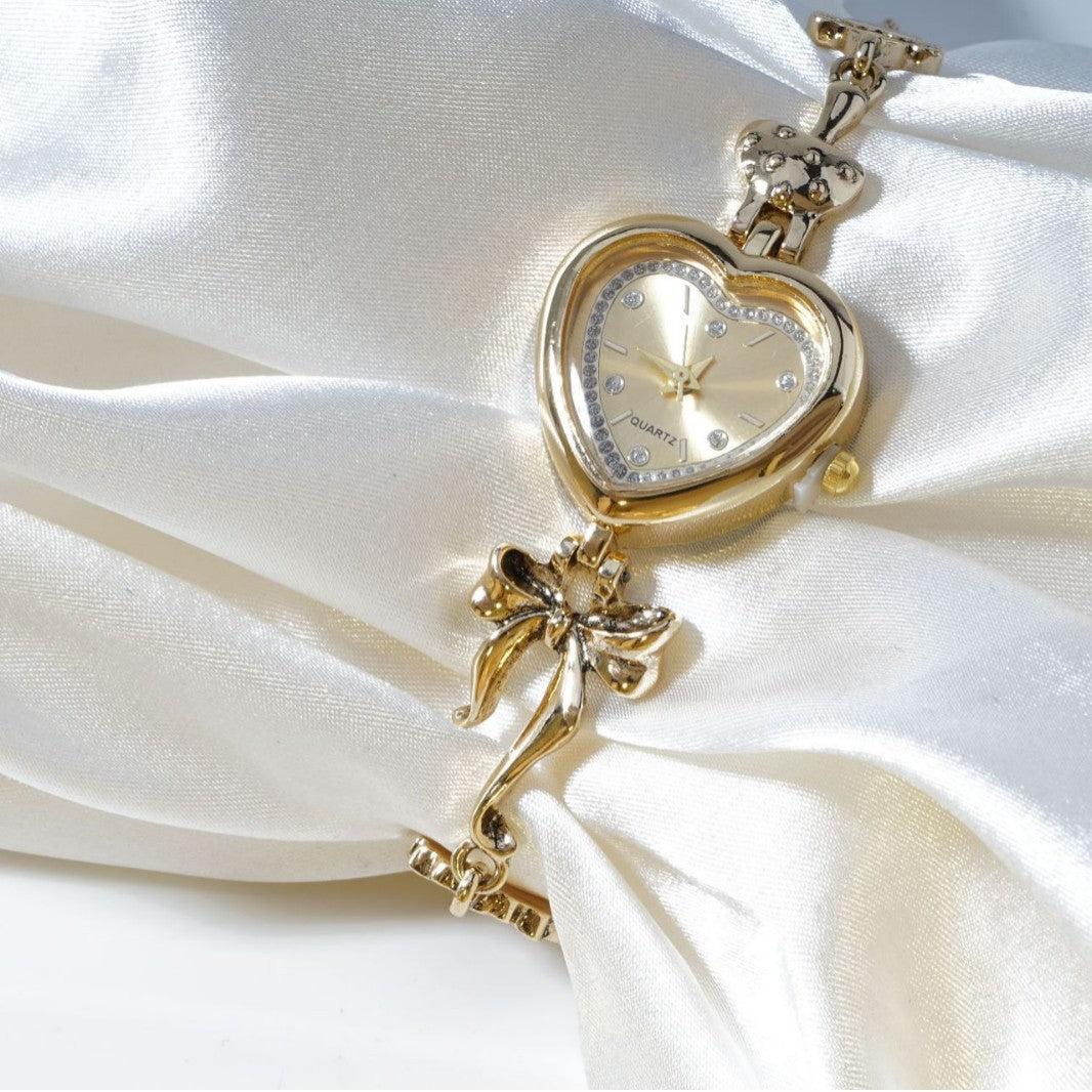 Women's Vintage Heart Jewelry Watch – Gold Bow & Floral Design