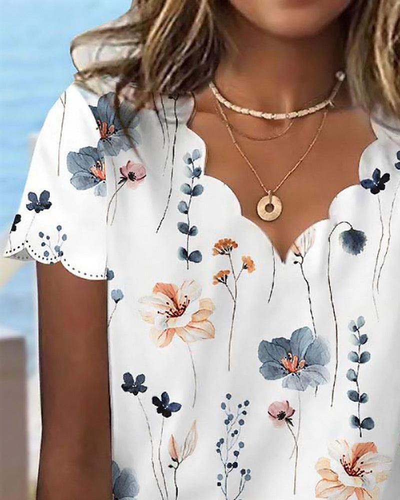 Damen Blumenprint T-Shirt Sommer | Eleganter Muschelkragen