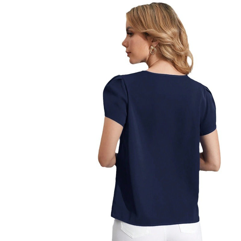 European and American Round Neck One-Button Hollow Loose Women's Casual Top
