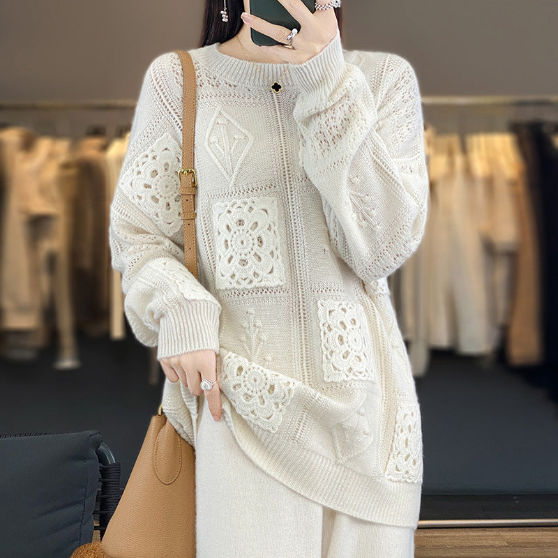 Elegant Wool Sweater with Crochet Pattern - Women's Round Neck Knitted Pullover