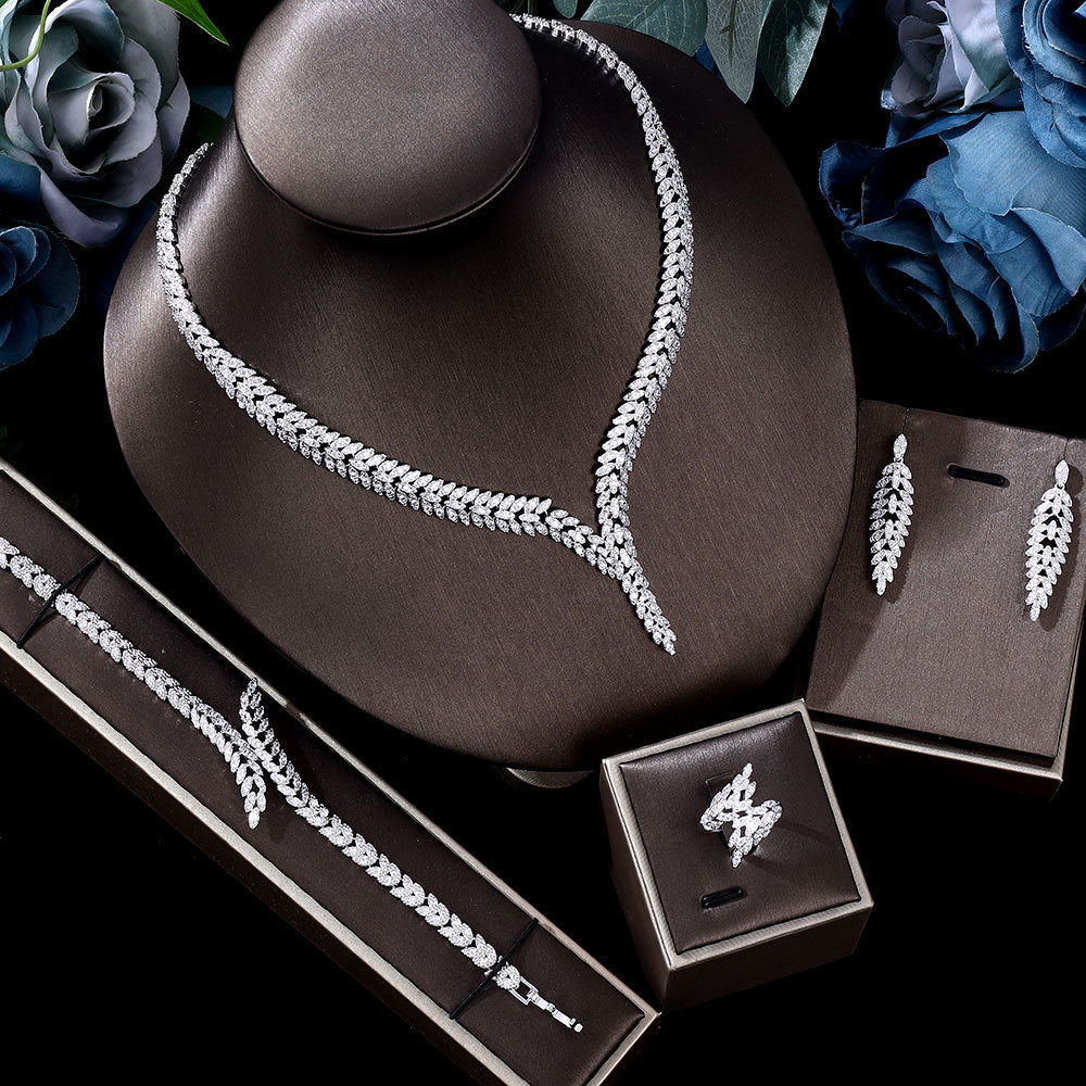 Luxury 3A Zirconia Jewelry Set – 4-Piece with Necklace, Earrings, Bracelet & Ring for Wedding