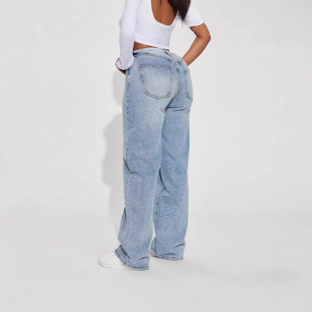 Women's High Waist Straight Leg Jeans Light Blue – Euro Style Denim
