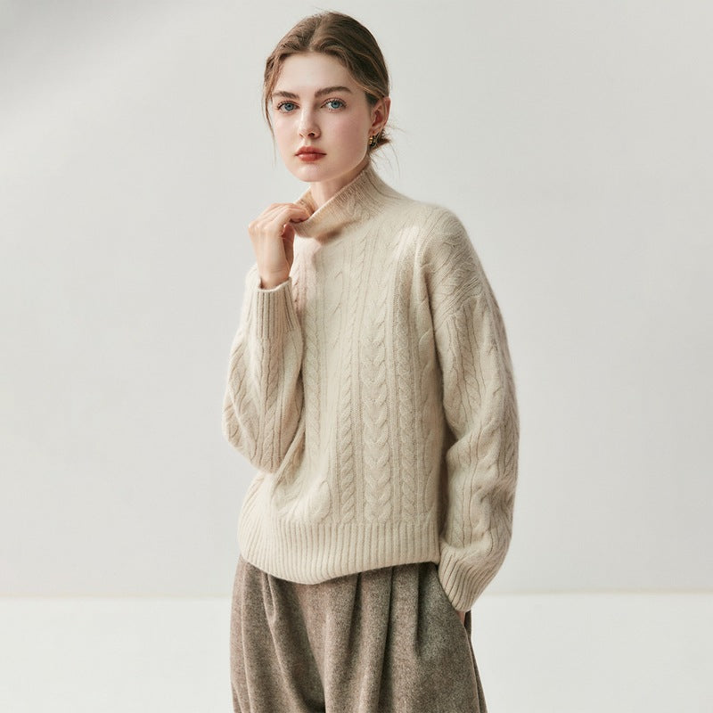 Elegant Cashmere Cable Knit Sweater – Women's Mock Neck Pullover
