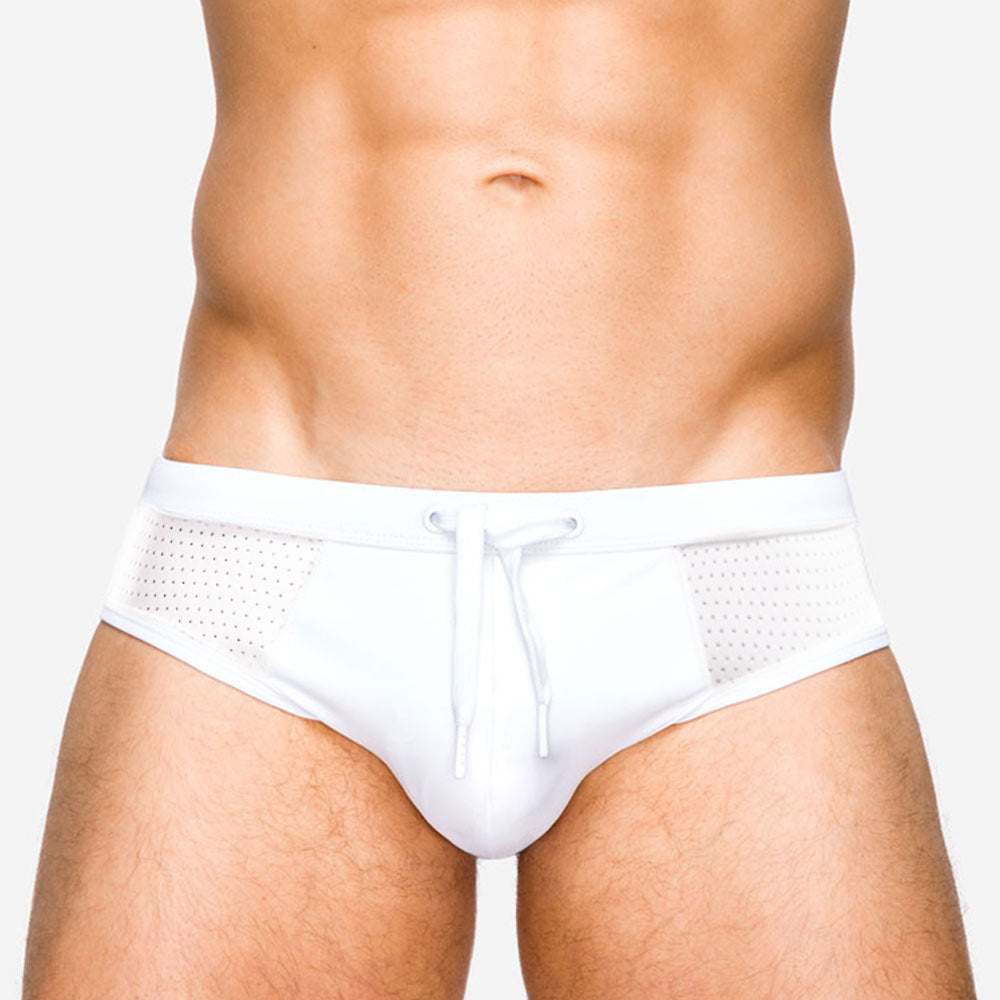 Men's Mesh Swim Brief White | Breathable Sexy Swim Trunks Sporty