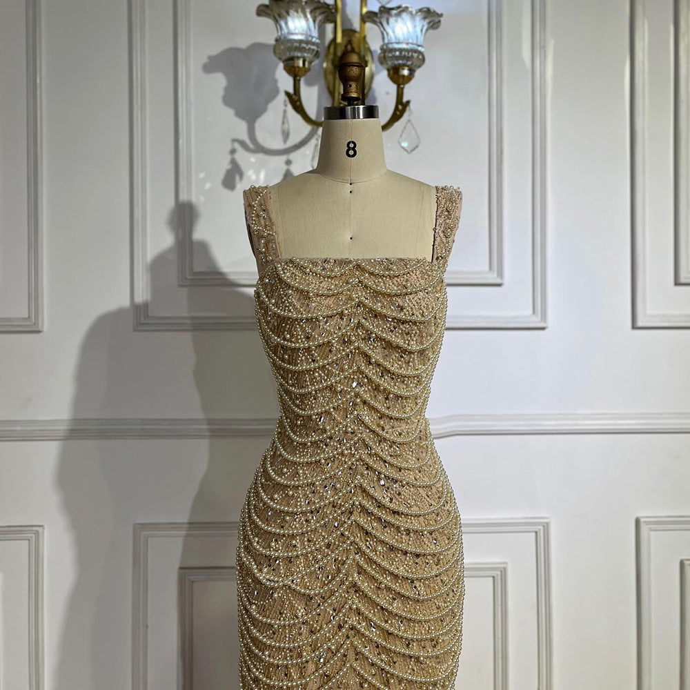 Beaded Evening Dress for Women Elegant | Nude Luxury Glamour Dress