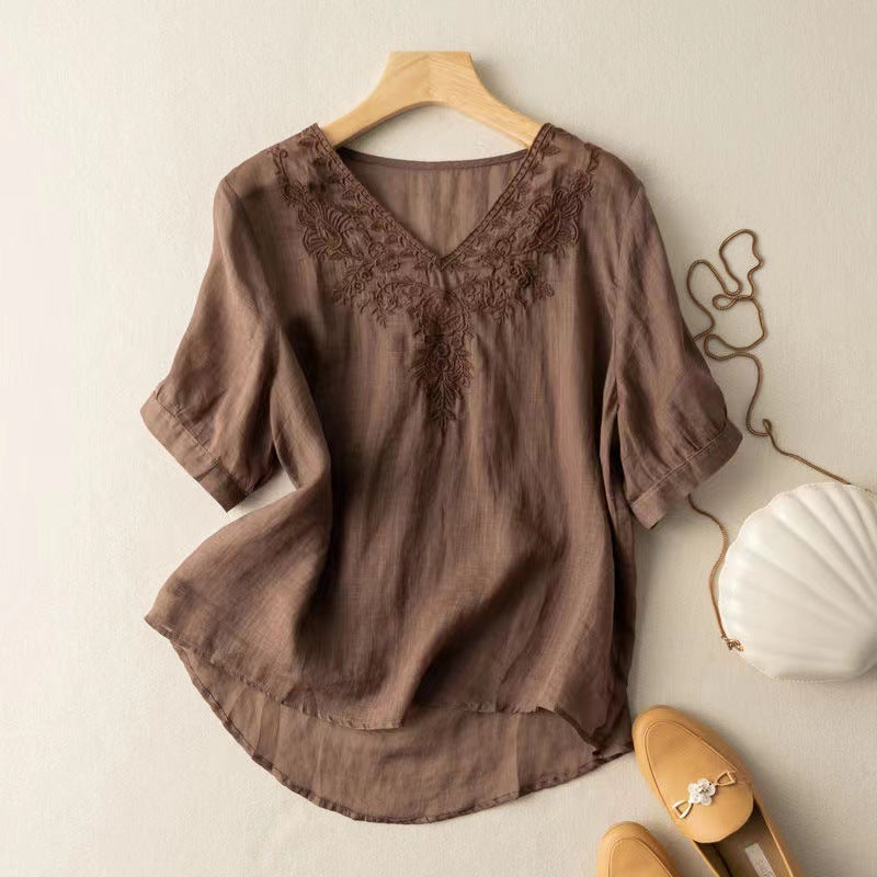 Damen V-Ausschnitt Bluse | Elegante Stickerei Tunika Slim Fit