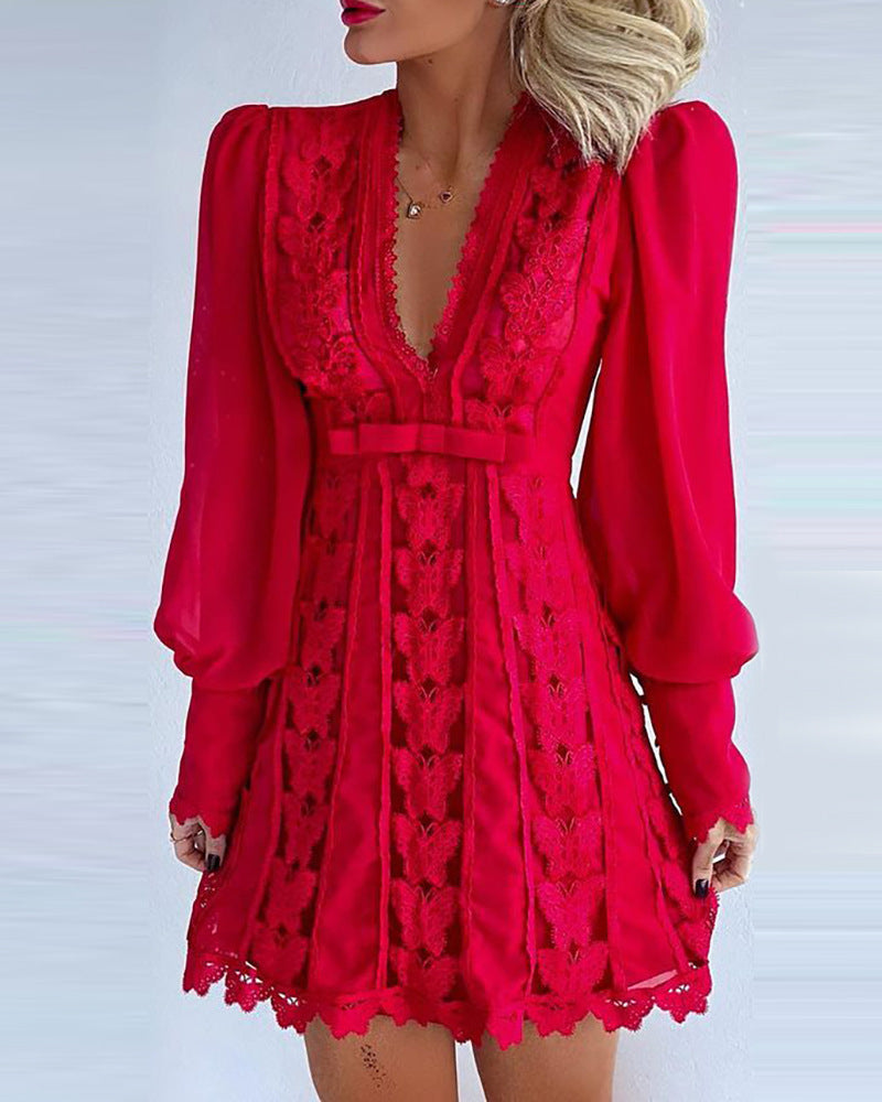 Elegant White Lace Dress – V-Neck Maxi Dress with Puff Sleeves