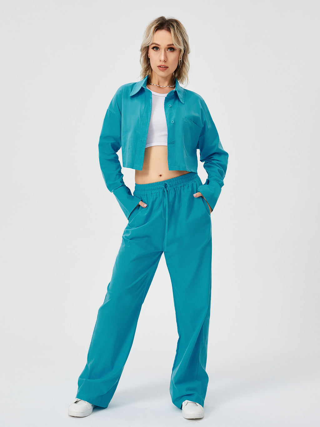 Women's Two-Piece Loungewear Set – Long-Sleeve Shirt & Wide-Leg Pants
