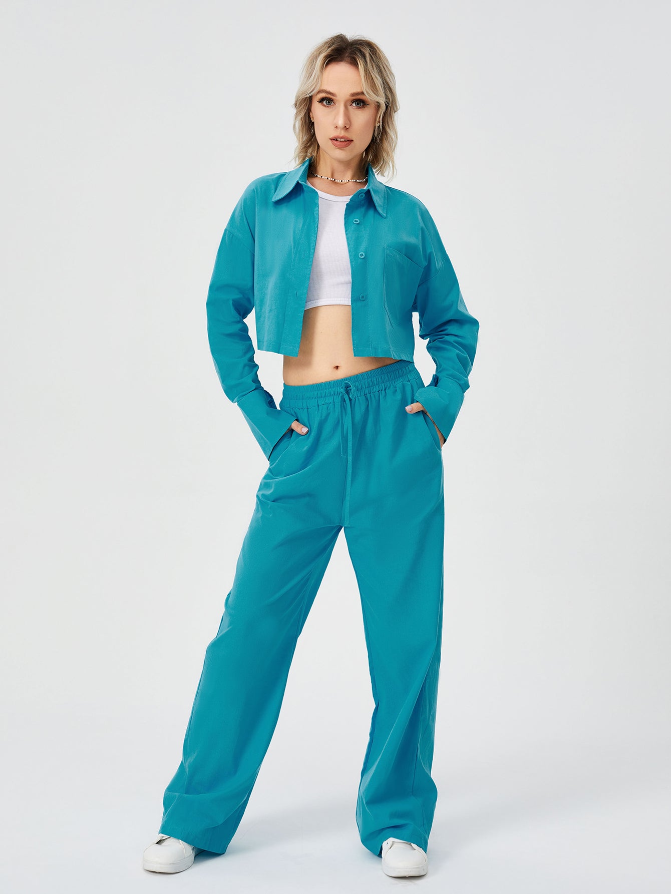 Women's Two-Piece Loungewear Set – Long-Sleeve Shirt & Wide-Leg Pants