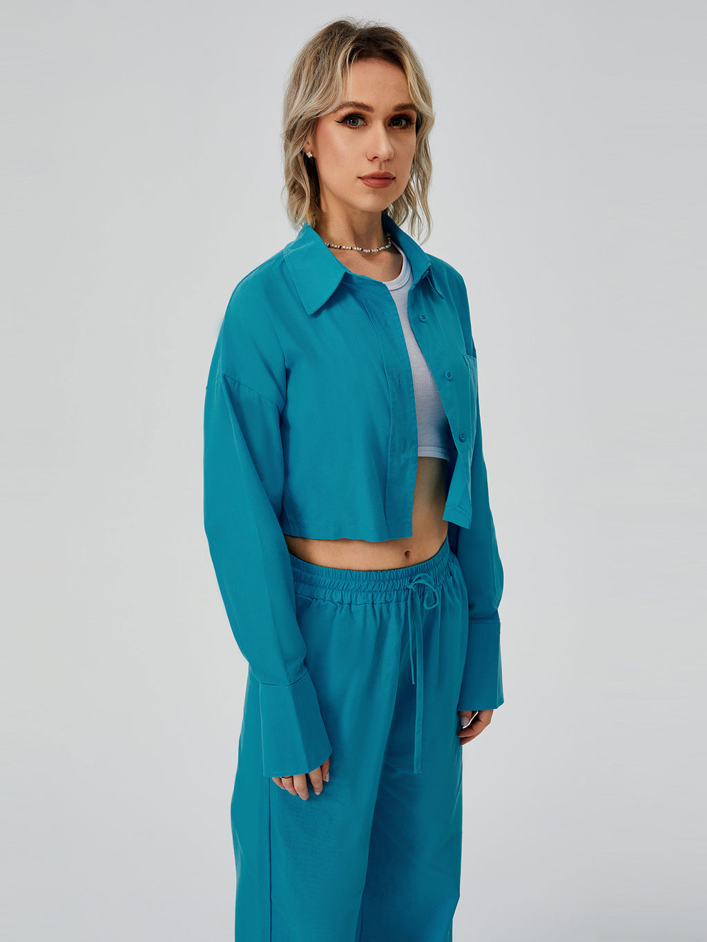 Women's Two-Piece Loungewear Set – Long-Sleeve Shirt & Wide-Leg Pants