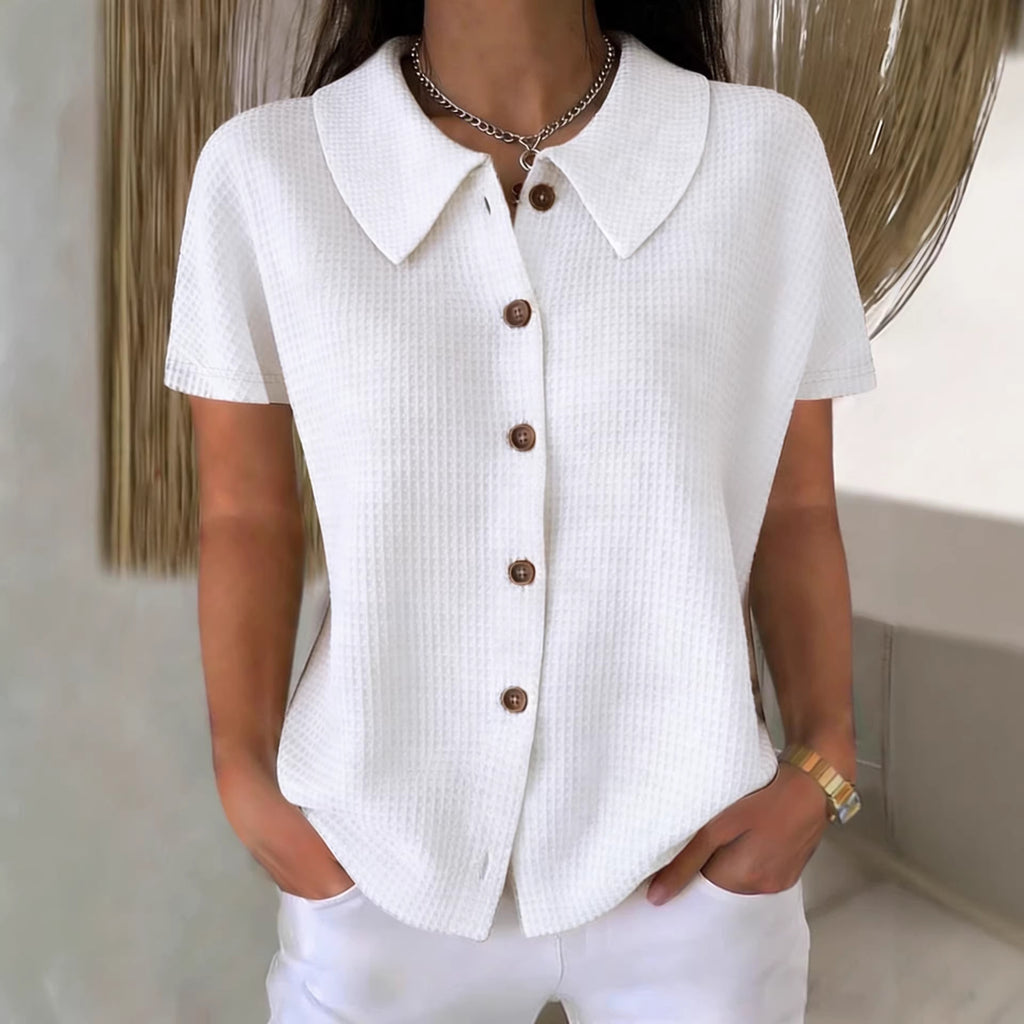 Women's Short-Sleeve Blouse with Collar – Waffle Texture, Loose & Summery