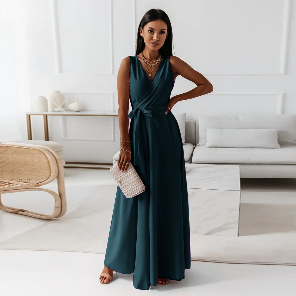 Elegant V-Neck Maxi Dress – Sleeveless Dress with Belt for Party & Evening