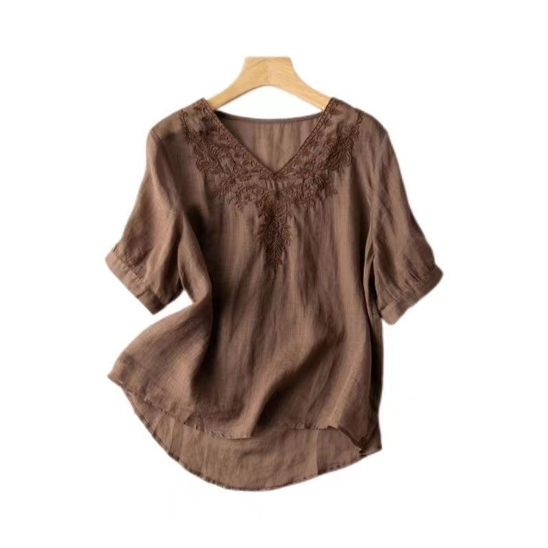Damen V-Ausschnitt Bluse | Elegante Stickerei Tunika Slim Fit