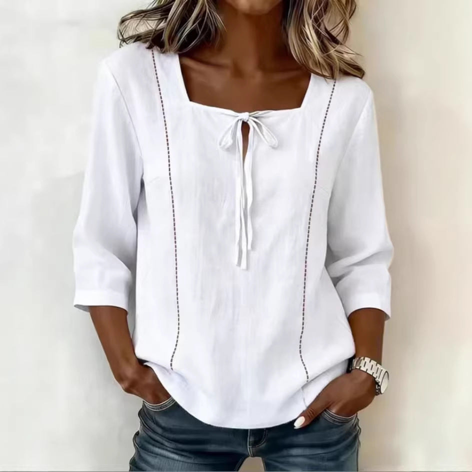 Women's Blouse with Print, Lacing & Square Neckline – Mid-Sleeve
