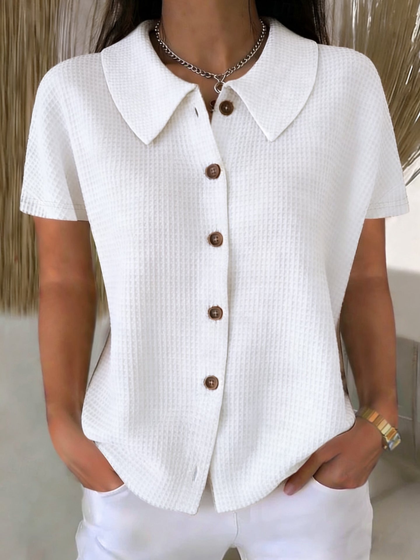 Women's Short-Sleeve Blouse with Collar – Waffle Texture, Loose & Summery