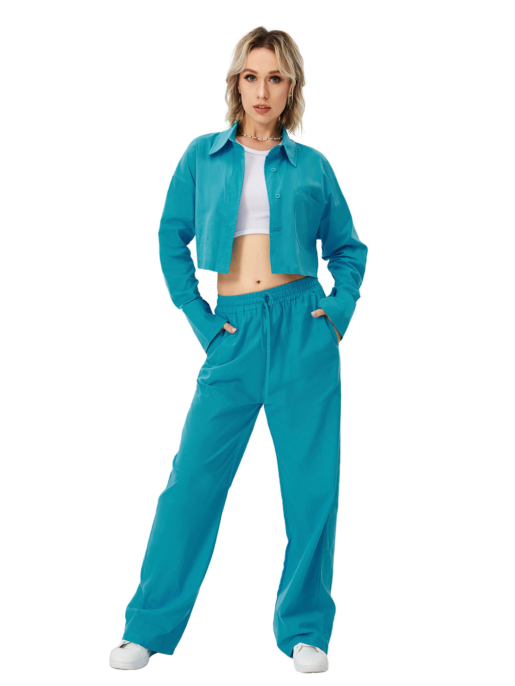 Women's Two-Piece Loungewear Set – Long-Sleeve Shirt & Wide-Leg Pants