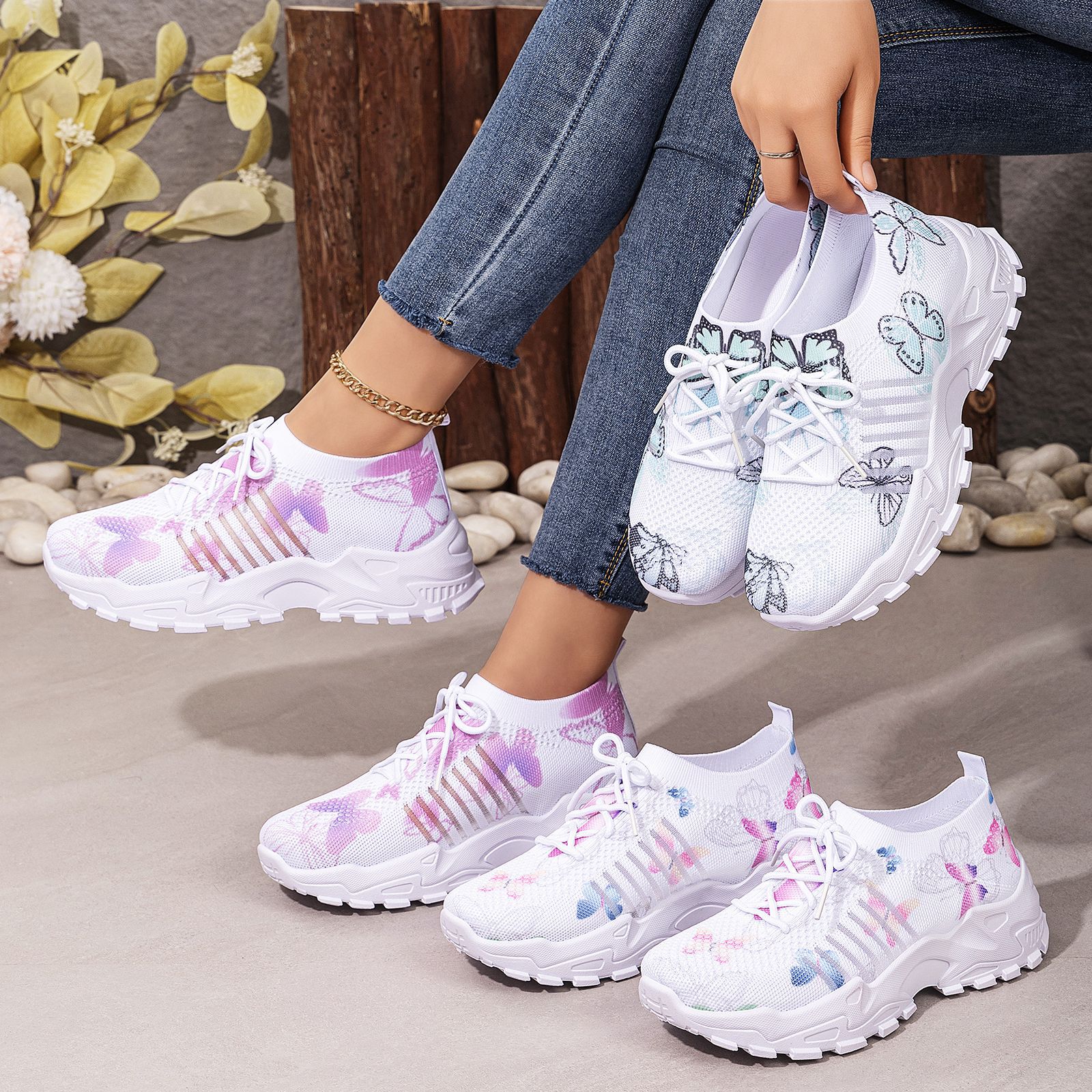 Damen Flyknit Sneaker mit Schmetterlingsmuster | Bequem Elegant