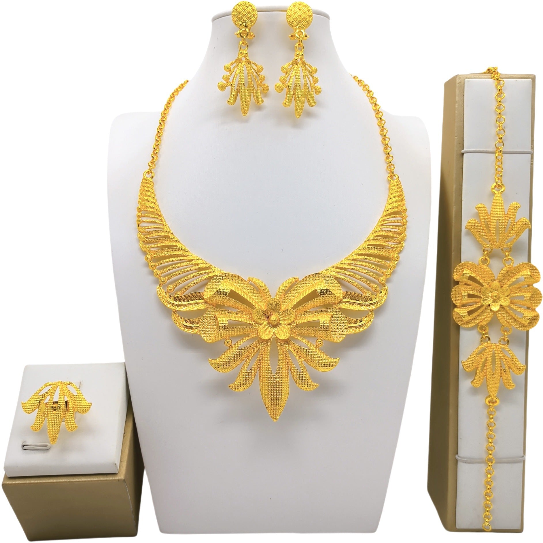 24K Gold Jewelry Set 4-piece – Necklace, Bracelet, Earrings & Ring in Luxurious Design