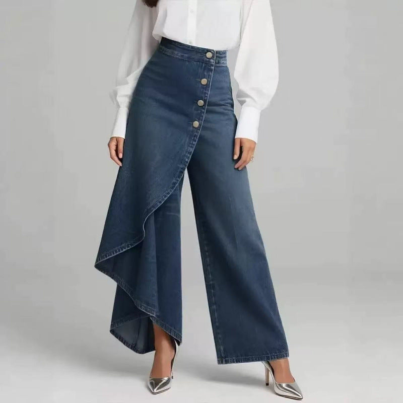 Women's Denim Skort with Button Placket – Washed Look Skirt Shorts