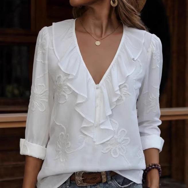 Retro Damenbluse mit V-Ausschnitt & Rüschen – Feminin & Elegant