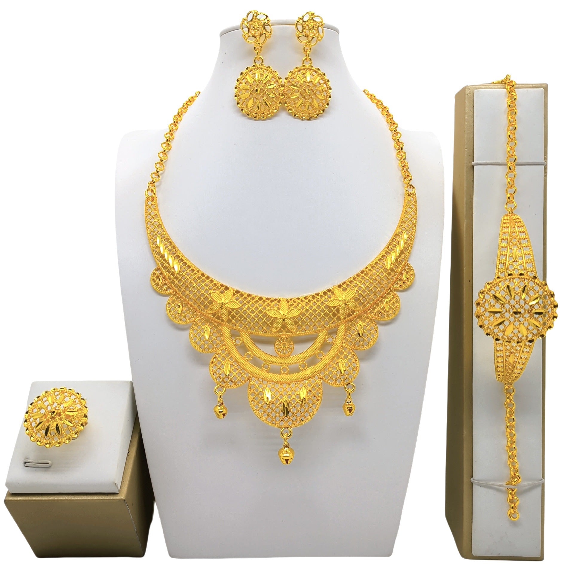 24K Gold Jewelry Set 4-piece – Necklace, Bracelet, Earrings & Ring in Luxurious Design