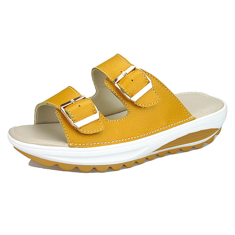 Damen Plateau Sandalen Leder | Bequeme Keilabsatz Schuhe