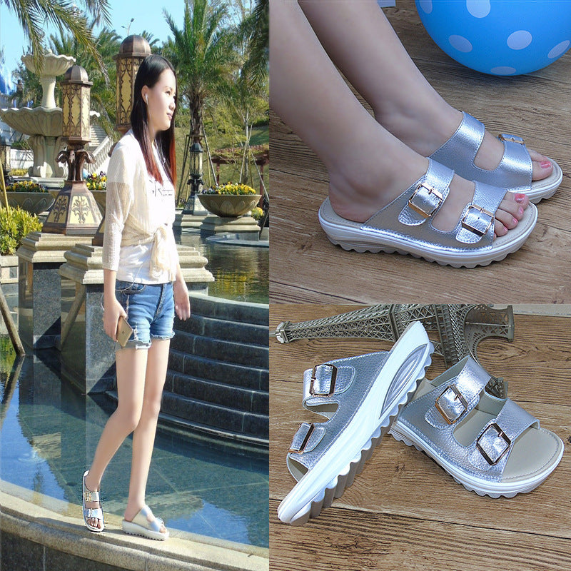 Damen Plateau Sandalen Leder | Bequeme Keilabsatz Schuhe