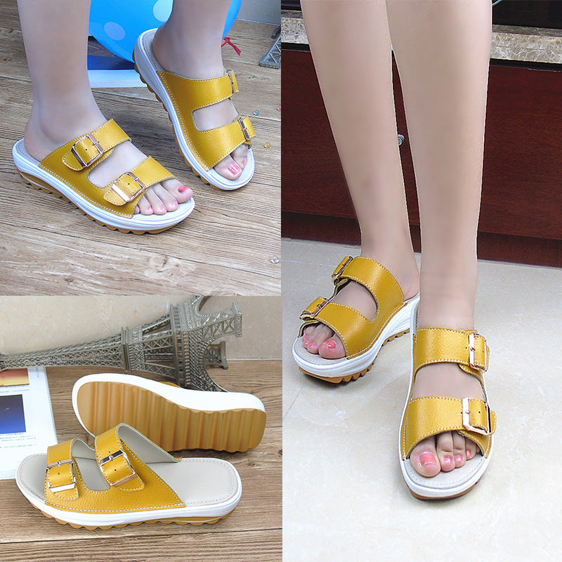 Damen Plateau Sandalen Leder | Bequeme Keilabsatz Schuhe