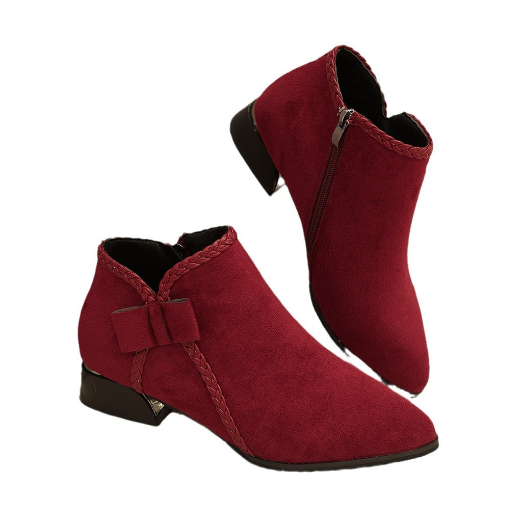Women's Ankle Boots Pointed Toe with Bow – Elegant Side Zip Boots