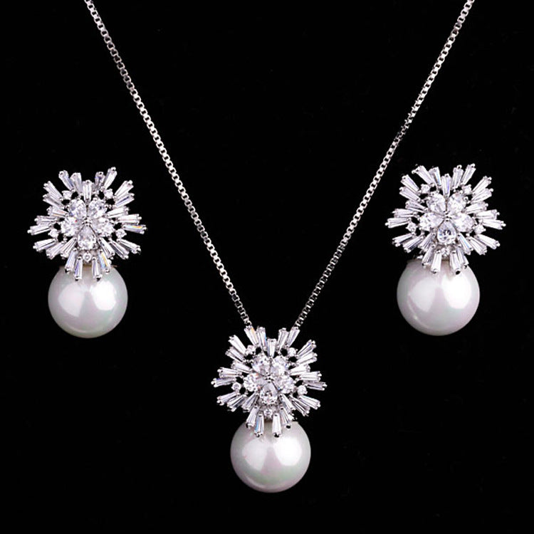 Luxurious Pearl Zirconia Jewelry Set in Korean Design – Necklace & Earrings for Elegant Occasions