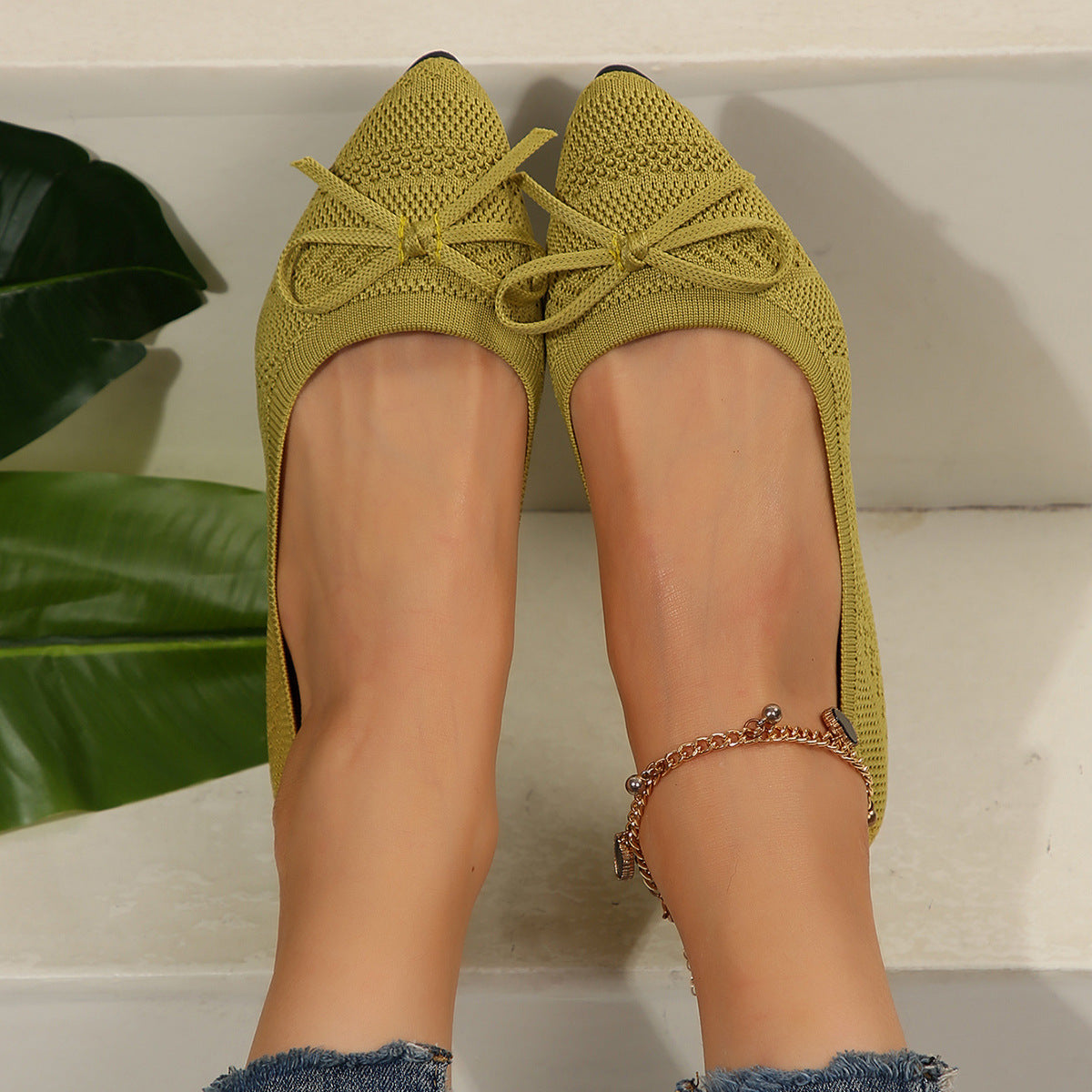Women's knitted loafer elegant | pointed flats with bow