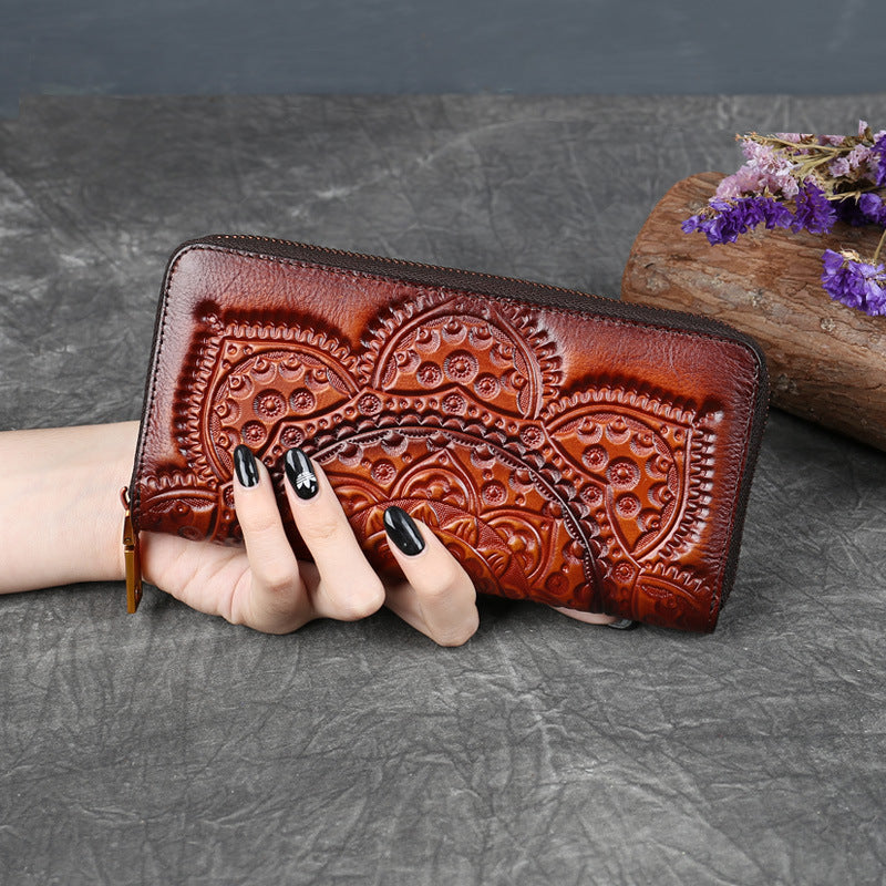 Women's Embossed Leather Long Wallet – Elegant Clutch Purse