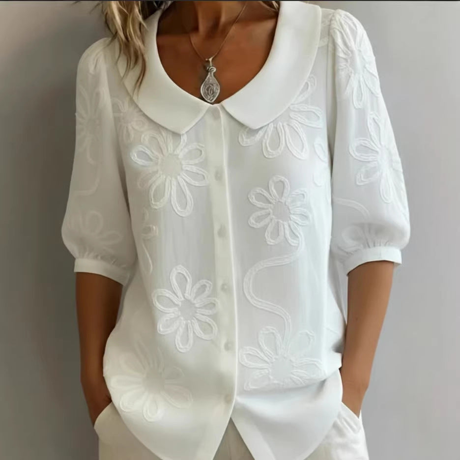 Retro Women's Blouse with 3D Floral Embroidery – Loose, Button Placket & Elegant