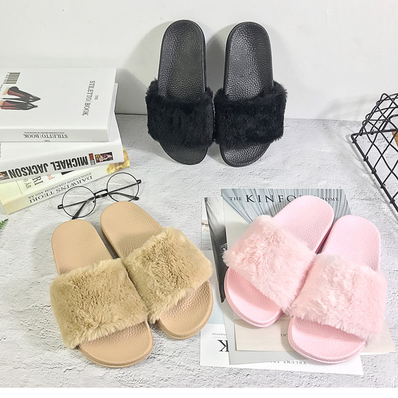 Women's Fur Slippers Korean Style | Fluffy Indoor Sandals