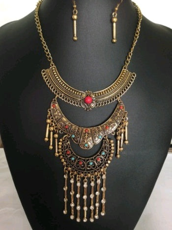 Vintage Türkis Schmuckset mit Zirkonia – Halskette & Ohrringe im edlen Ethno-Design