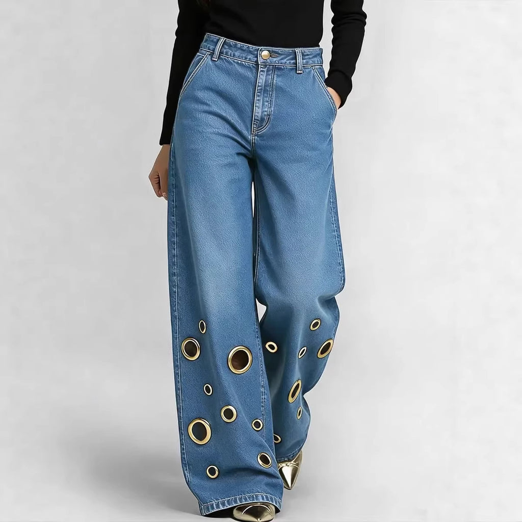Women's High Waisted Loose Fit Jeans with Cut-Outs & Metal Eyelets