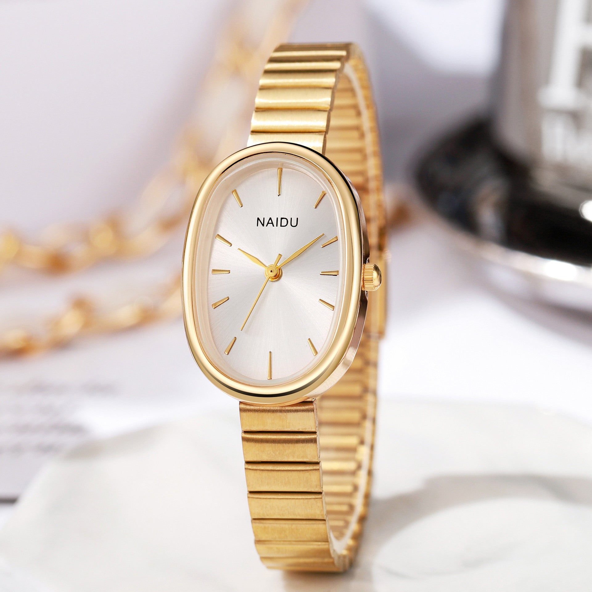Girl's Watch with Bamboo Link Bracelet – Small Oval Watch