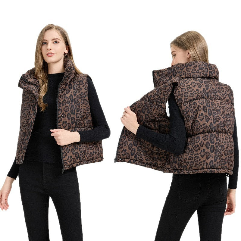 Damen Leoparden Weste | Baumwolle | Eleganter Stehkragen