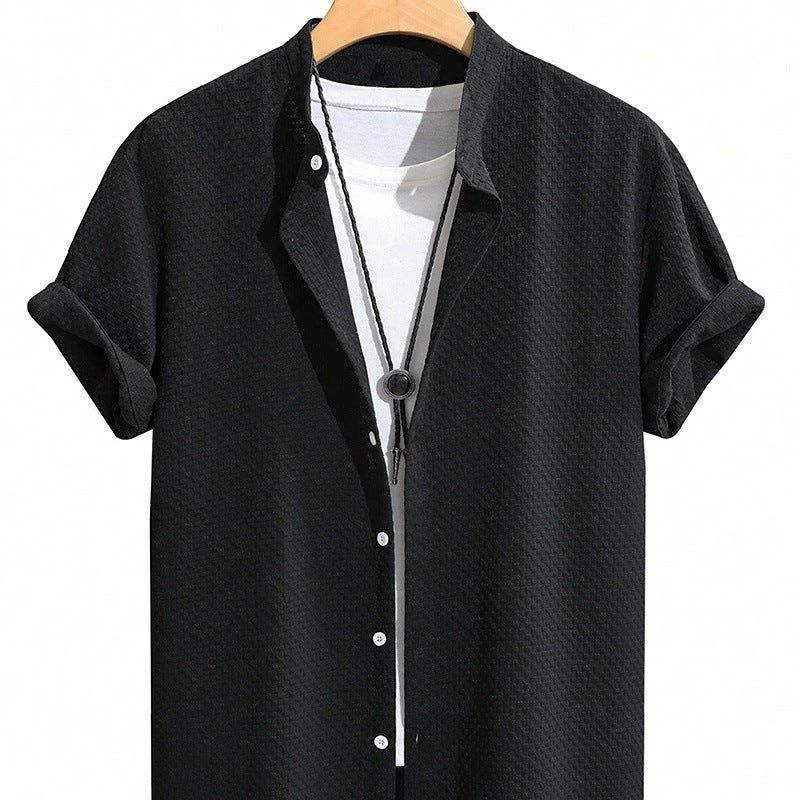 Men's Stand-Up Collar Shirt | Summer Short Sleeve Plain Breathable