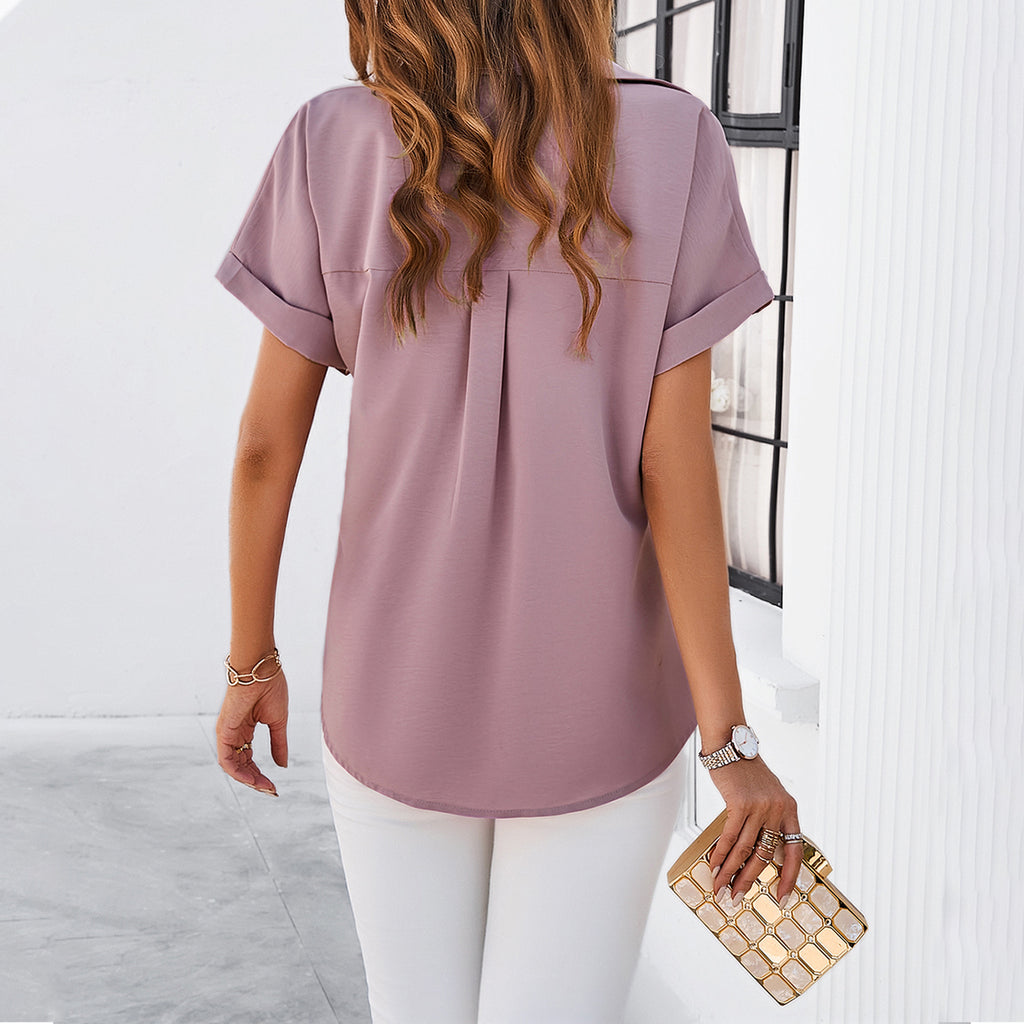 Damen Bluse Stehkragen Elegant Sommer Freizeit Shirt Uni-Farbe