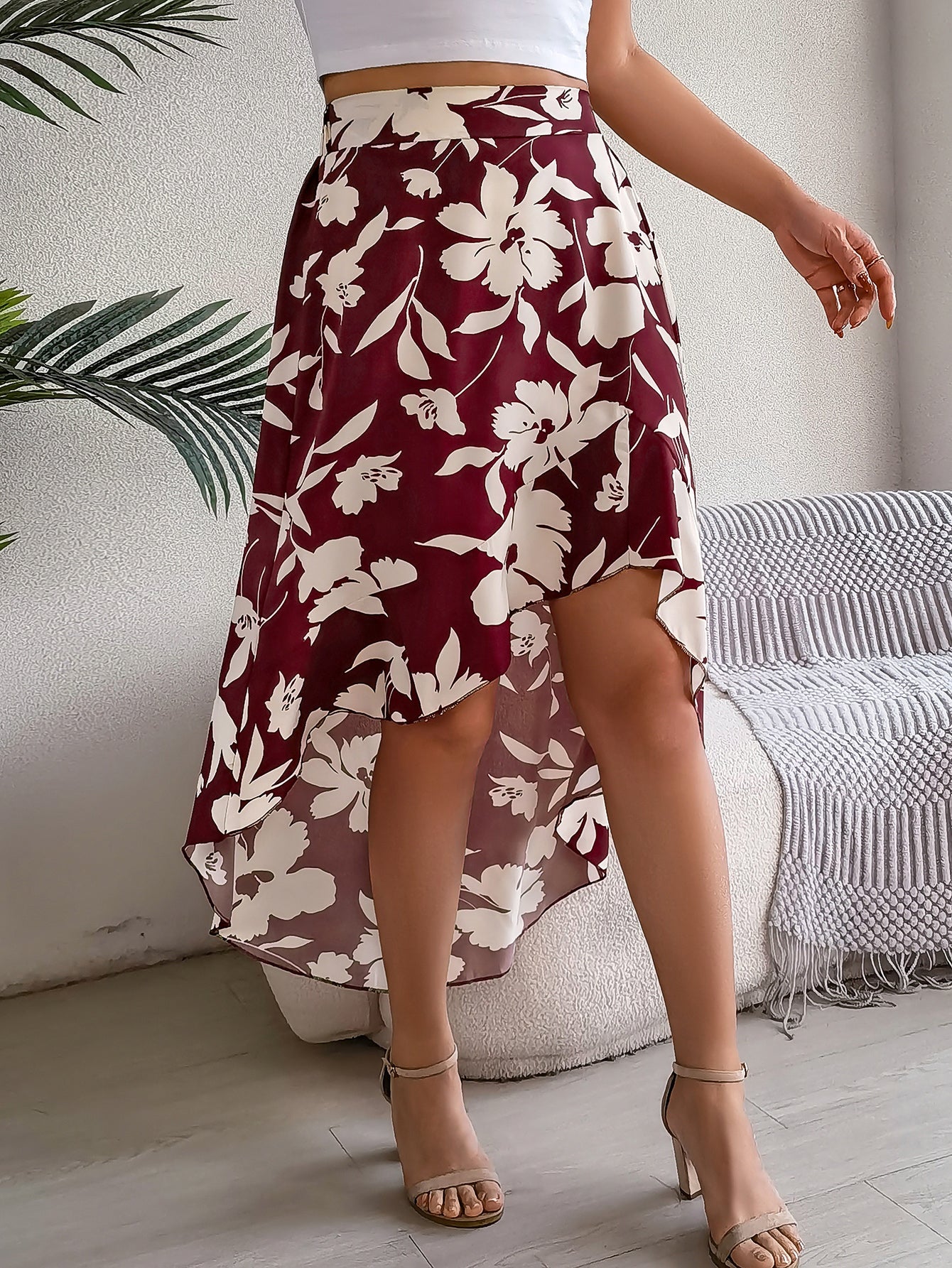 Eleganter Blumenprint Midirock – Asymmetrischer Rüschen Damen Rock