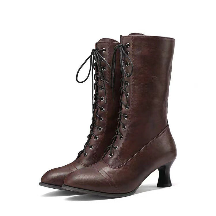 Women's Mid-Calf Lace-Up Boots – Elegant Low Heel Boots