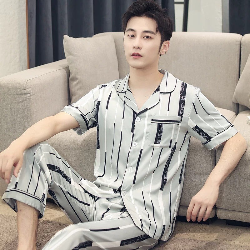 Herren Eis Seide Pyjama | Sommer Schlafanzug Leicht | Set
