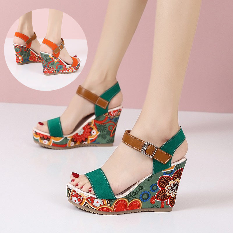 Damen Keilsandalen Blumen | Plateau Schnalle Sommer Schuhe