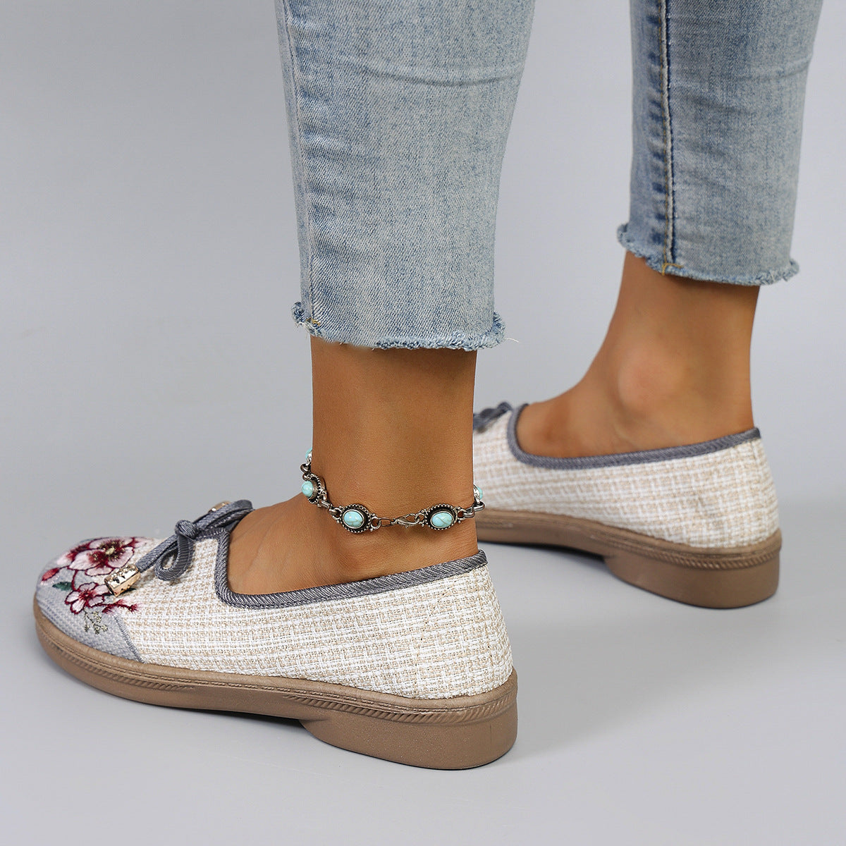 Damen Leinen Flats Ethno Style | Bequeme Sommer Freizeitschuhe