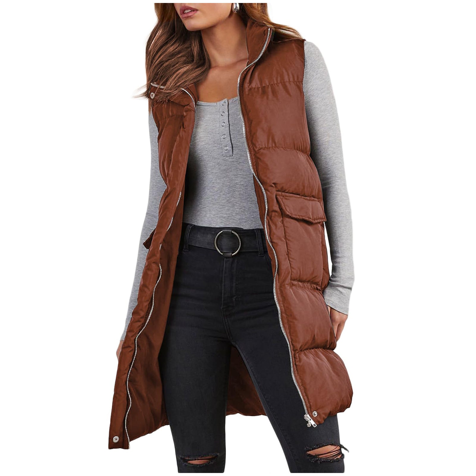 Damen Kapuzenweste Mid-Length – Polyester, Warm & Casual Stil
