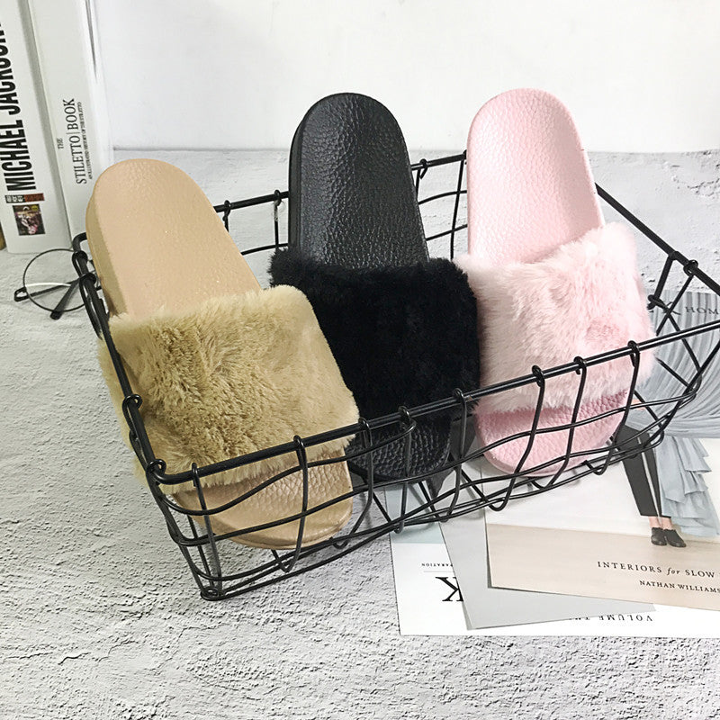 Women's Fur Slippers Korean Style | Fluffy Indoor Sandals