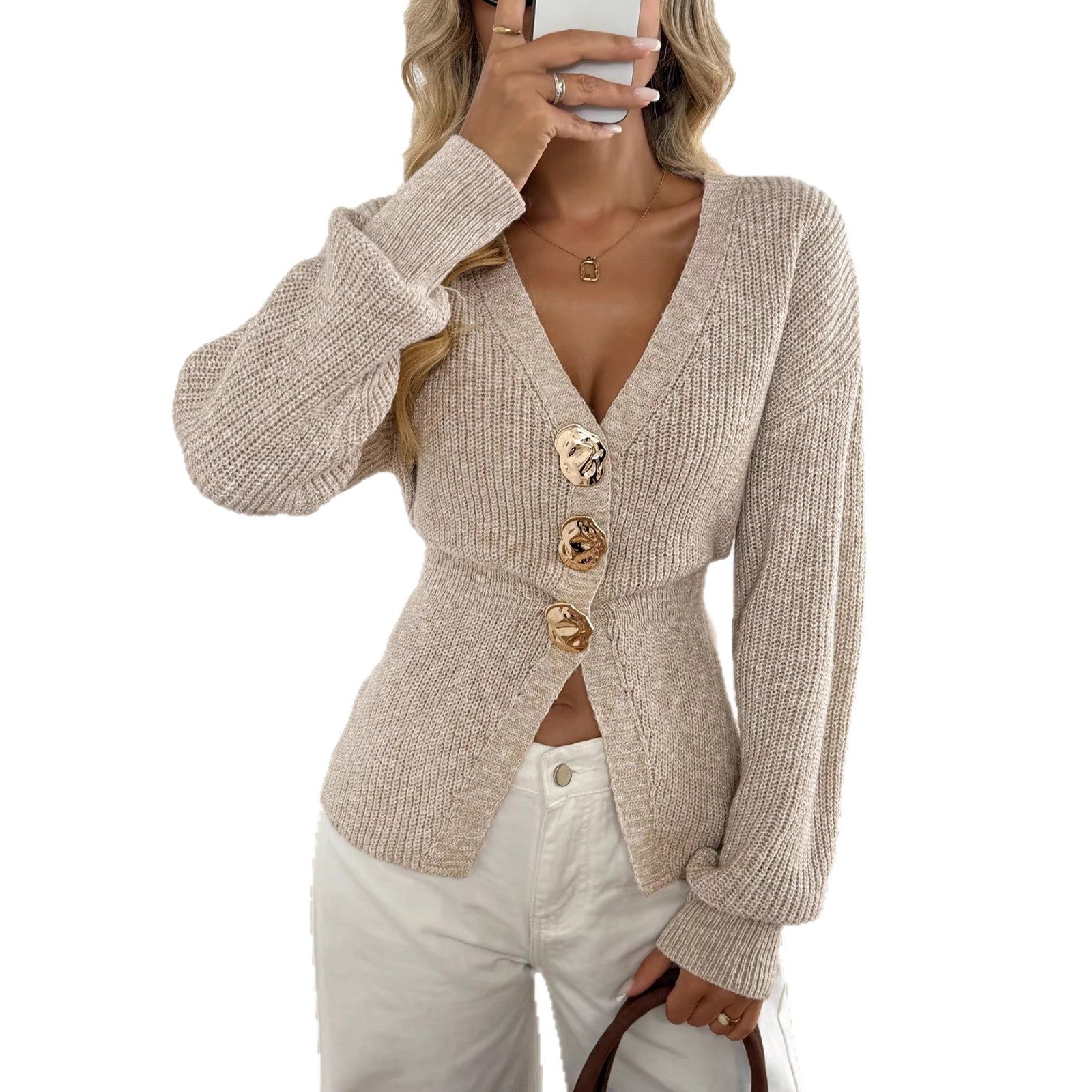 Elegante V-Ausschnitt Strickjacke – Knopfleiste Damen Cardigan