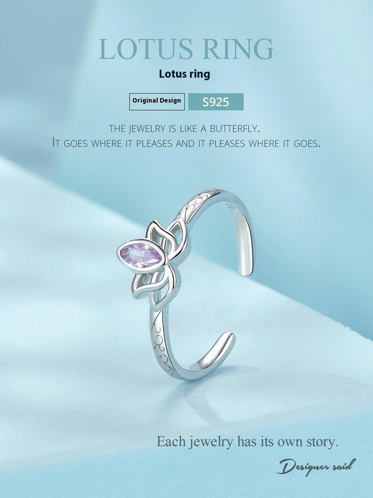 Originaler offener Lotusring mit lila Zirkonia